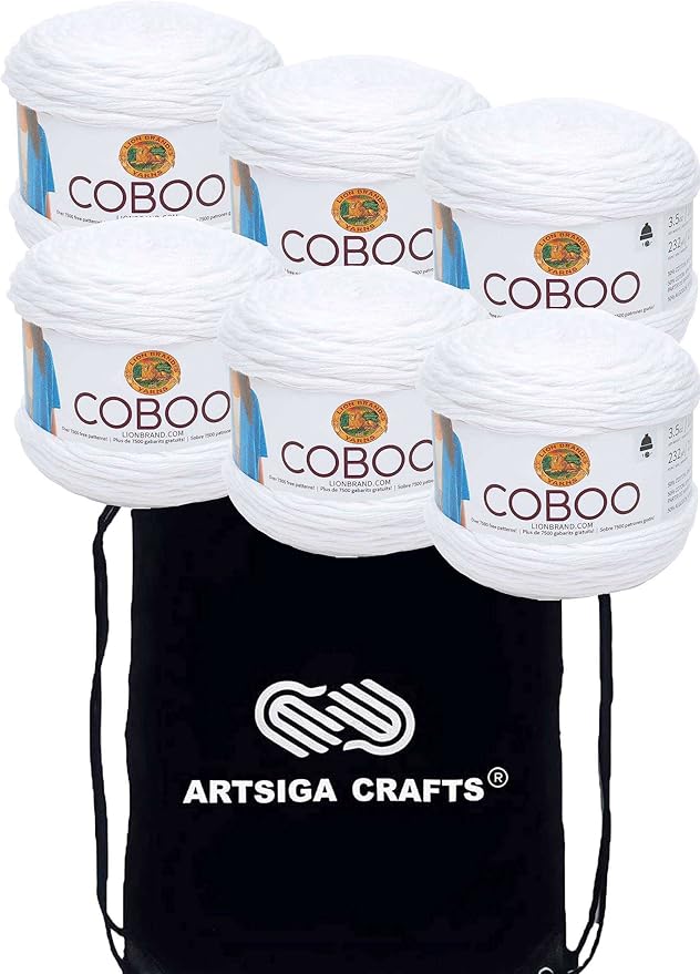 Lion Brand Coboo White 835-100 (6-Skeins - Same Dye Lot) DK Light Worsted #3 Cotton, Bamboo Yarn for Crocheting and Knitting with Project Bag