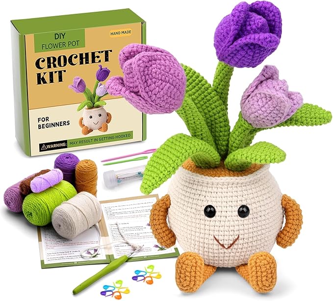 Nitlak Crochet Kit for Beginners, Tulip Potted Beginner Crochet Kit for Adults Kids Women Men, Crochet Starters Kit with Step-by-Step Video Tutorials, Complete Crochet Accessories for DIY Craft