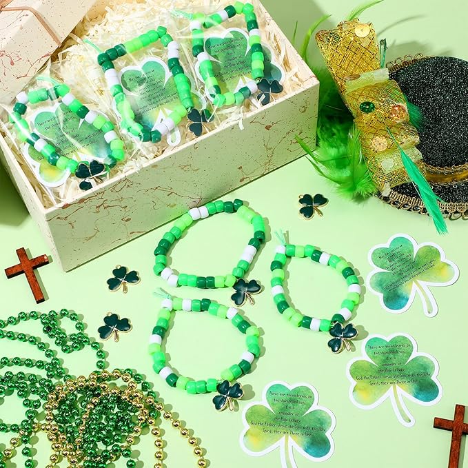 VioraWhite 40 Christian St. Patrick's Day Beads Bracelet Crafts for Jewelry Making Irish Bead Kit DIY Lucky Shamrock Charms Holy Trinity Irish Blessing Gift Card for Church Religious