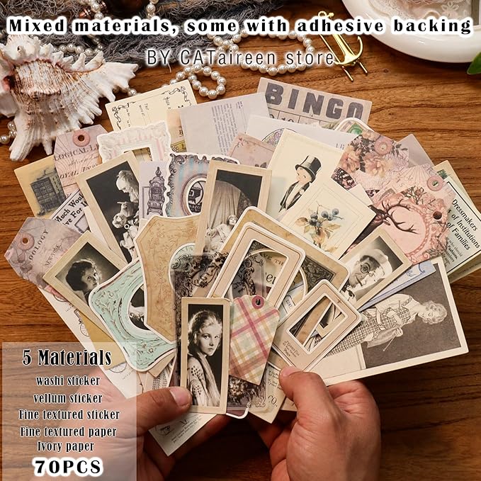 CATaireen Vintage Junk-Journal Mixed Paper Scrapbooking Embellishments Set Retro Journaling Decoupage Stickers Textured Packaging Decorative Cards Tags Kit (Old Photos 2)