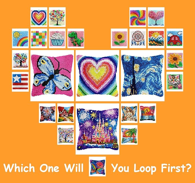 Manzapu Latch Hook Pillow Kits for Adults Beginners, 43cm*43cm Home Decor Pillow Cover Making Kit with Crochet Tool ＆ Precut Yarns and Coded Canvas Christmax Halloween Craft Gifts for Women Mom