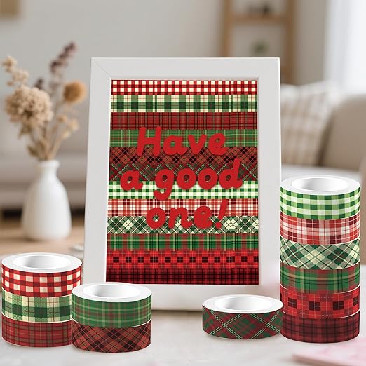 12 Rolls Basic Grid Washi Tape, Buffalo Plaid Red Black Green Holiday Masking Tapes, Plaid Decorative Tapes for Arts, DIY Crafts, Journals, Planners, Scrapbook, Wrapping 16.4FT
