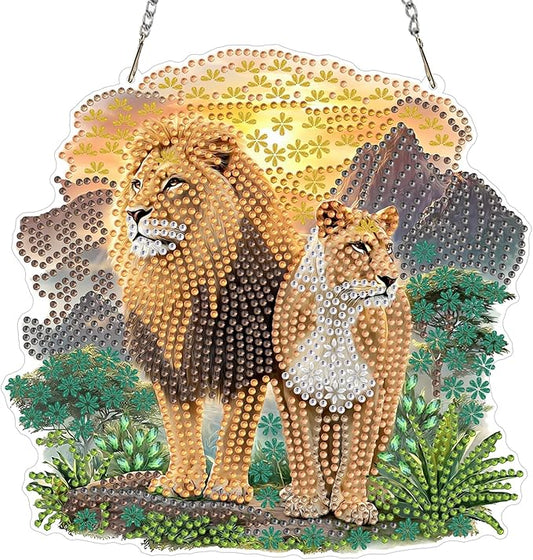 MXJSUA Lions Animals Diamond Art Hanging Kits for Adults Beginners, DIY Acrylic Special Shaped Crystal Animals Diamond Gem Art Pendant Drills Painting Ornament for Home Wall Decor and Gift