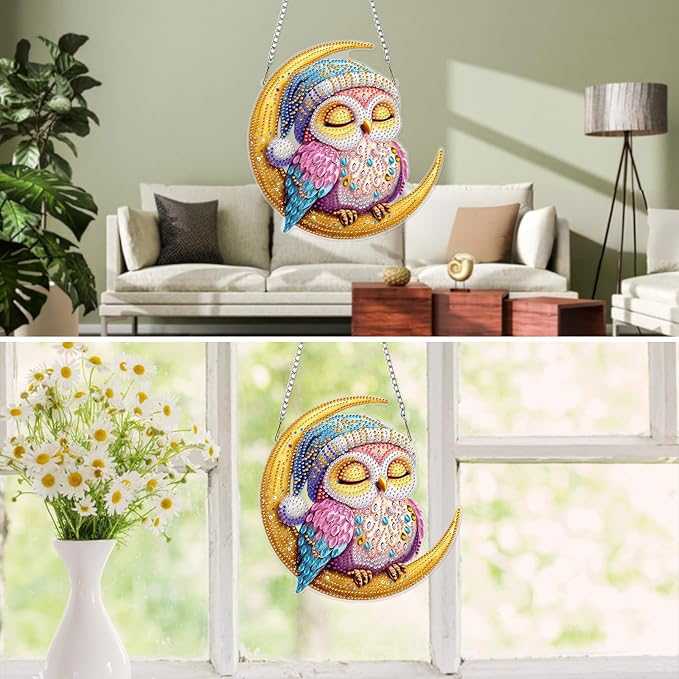 MXJSUA Moon Owl Diamond Art Hanging Kits for Adults Beginners, Crystal Diamond Suncatchers, Special Shape Diamond Painting Pendant Window Ornament Gifts for Home Garden Door Wall Decor