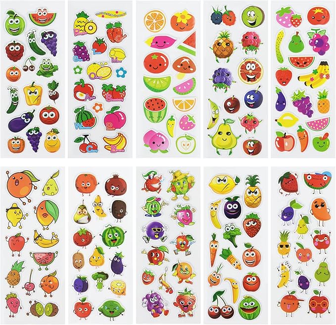 24 sheets(350+) fruit 3d puffy stickers for toddlers kids, bulk preschool sticker sheets for reward, craft, scrapbooking