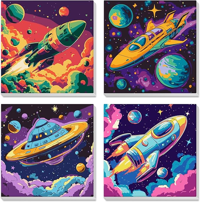 4 Pack Paint by Numbers for Kids with Wooden Framed, Space Rocket, Spaceship, Paint by Number Kits on Canvas for Beginner, Acrylic Oil Painting Kits for Home Decor 8x8 inch, Colorful Planets and Stars