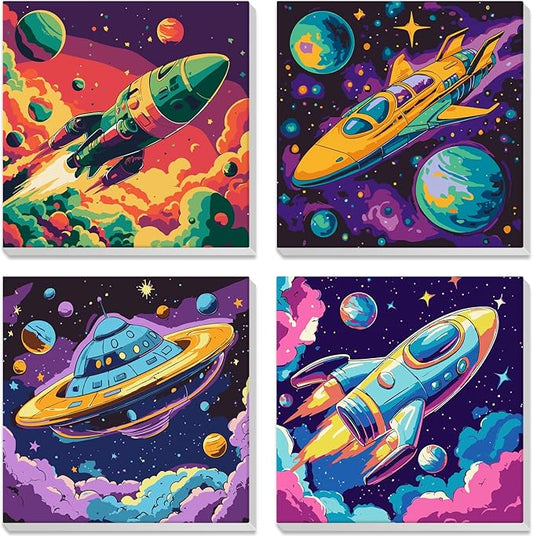 4 Pack Paint by Numbers for Kids with Wooden Framed, Space Rocket, Spaceship, Paint by Number Kits on Canvas for Beginner, Acrylic Oil Painting Kits for Home Decor 8x8 inch, Colorful Planets and Stars