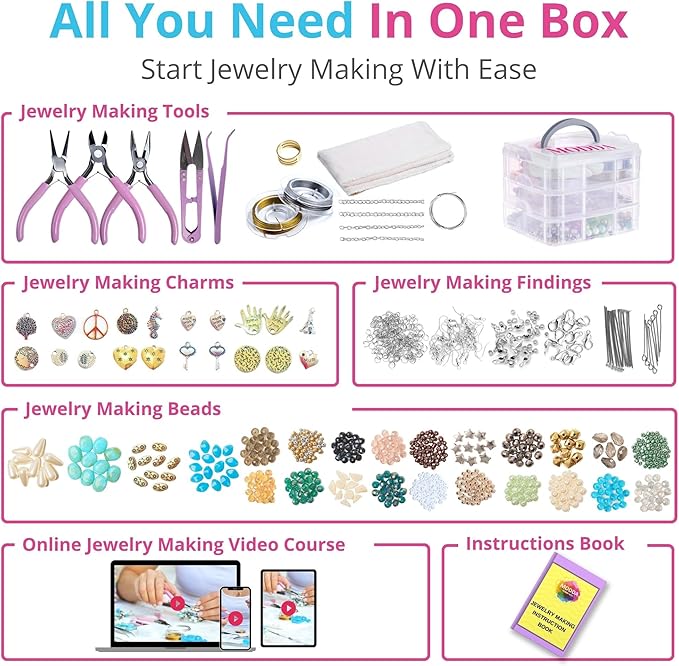MODDA Deluxe Jewelry Making Kit with Video Course, Includes Instructions, Beads, Necklace, Bracelet, Earrings Making, Crafts for Adults, Beginners, Christmas Gift for Teens, Girls 13-15, Moms, Women