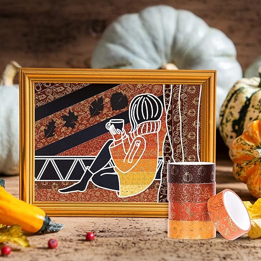 Whaline 12 Rolls Fall Washi Tapes Foil Gold Decorative Tape Autumn Gnome Pumpkin Fall Leaves Turkey Patterned Masking Tape for Fall Thanksgiving Scrapbook Journal DIY Craft Gift Wrapping, 0.6Inch