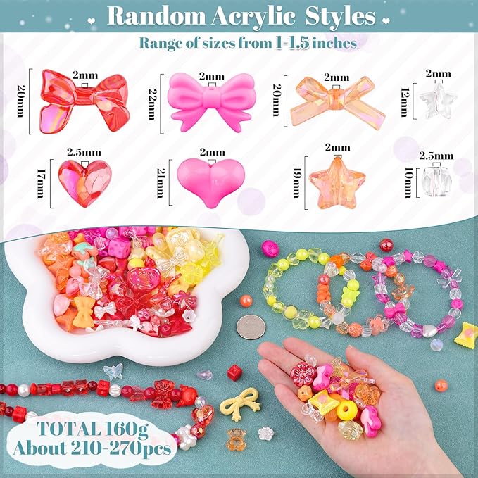 210-270PCS TINKRSTUFF Assorted Acrylic Beads, 4 Colors Mixed Cute Beads for Bracelet Making, Bow Flower GummyBear Kawaii Charms, Aesthetic Bead for Necklace Keychain Jewelry Making DIY Phone Charm