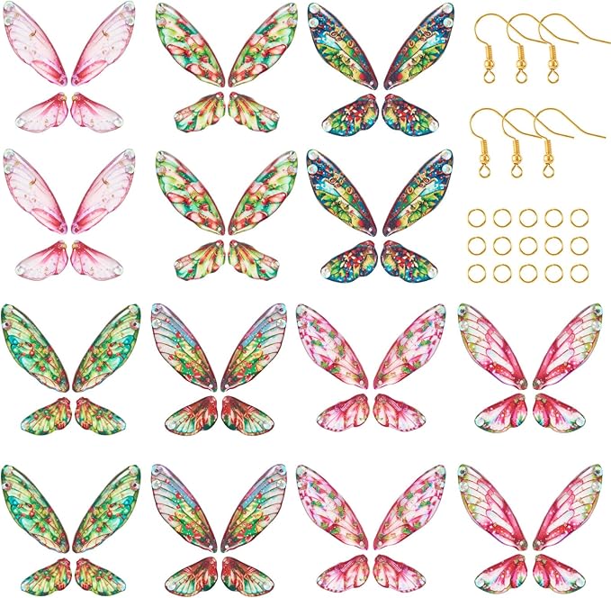 FASHEWELRY 28Pcs Resin Butterfly Wing Earring Charms Hot Pink Flower Print Insect Wing Pendants Feather Charms with Jump Rings Earrings Hooks for DIY Earring Jewelry Making