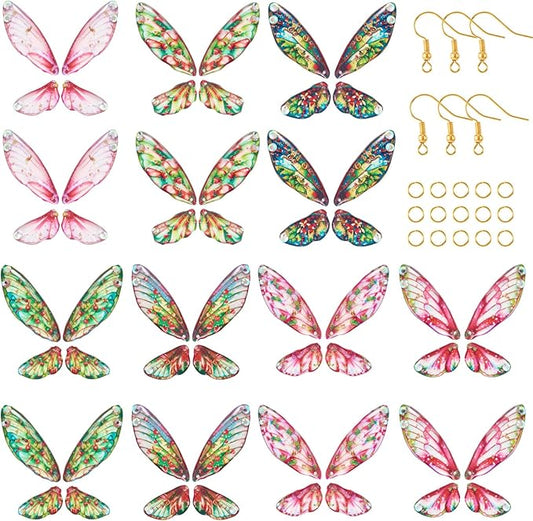 FASHEWELRY 28Pcs Resin Butterfly Wing Earring Charms Hot Pink Flower Print Insect Wing Pendants Feather Charms with Jump Rings Earrings Hooks for DIY Earring Jewelry Making