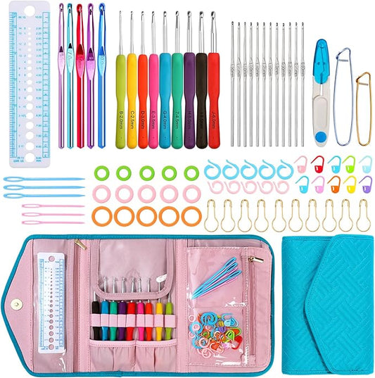blingcute ergonomic crochet hook set with case, 82 pcs crochet starter kit (0.6–10mm), aluminum hooks with soft grip, complete crochet set for beginners & chunky yarn