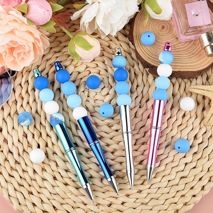 ASTARON 100 Pcs 15mm Silicone Beads for Keychain Making, White Blue Silicone Round Beads Bulk for Bracelets Pens Crafts Supplies