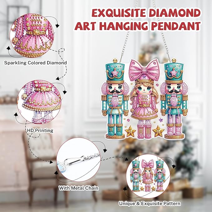 Bowetile Christmas Diamond Art Hanging Kits for Adults, Diamond Art Suncatchers Nutcracker, 5D Special Shape Diamond Painting Pendant Window Ornament Christmas Gifts for Home Door Wall Decor