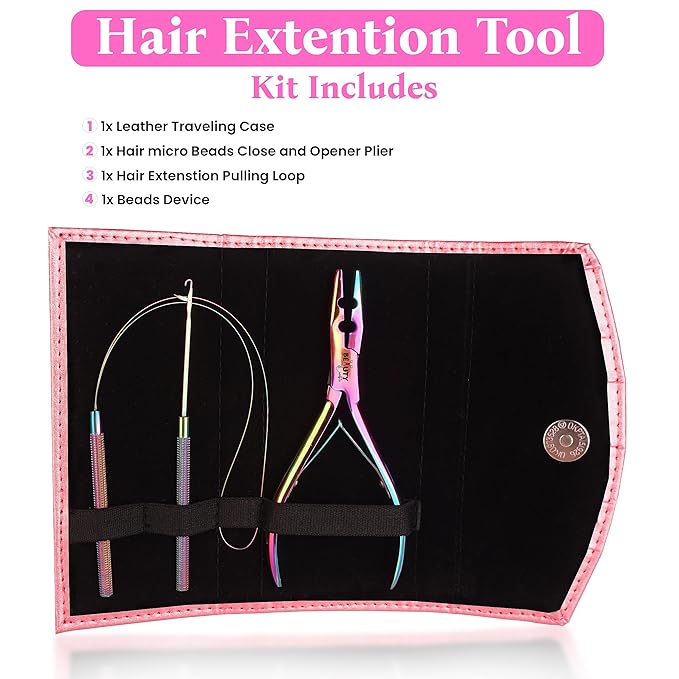 Beauty & Crafts Micro Links Hair Extensions Kit- Stainless Steel Beads Closer and Remover plier, Hair Extensions Loop Needle Pulling Hook, Bead Tool for Hair or Feather Extensions with Leather Pouch