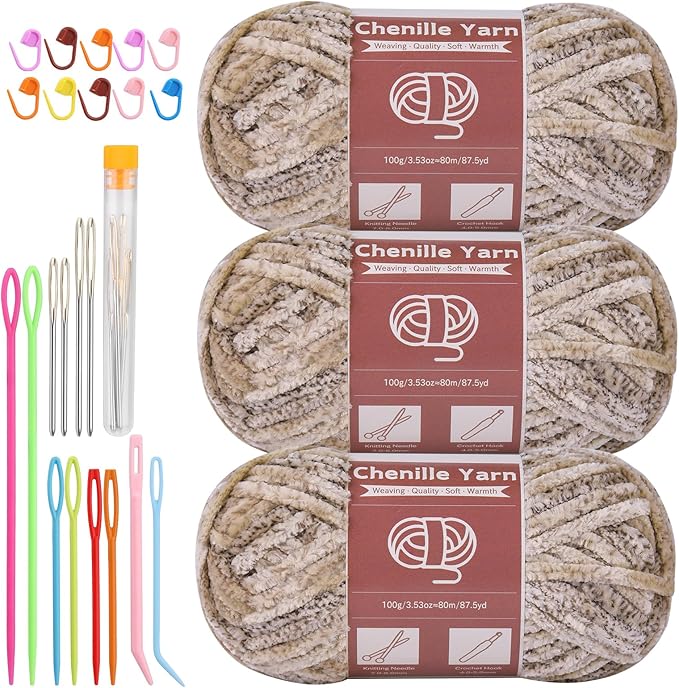 LUNARM Chenille Yarn for Crocheting Knitting, 3 Skein 10.58 oz / 263 Yard Thick Soft Chunky Fluffy Weaving Plush Yarn for Blankets Clothes Pattern with Big Eye Needles(Light Khaki Gradient)