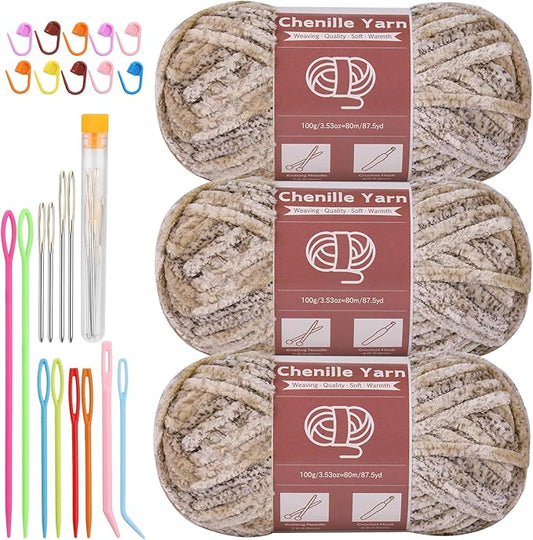 LUNARM Chenille Yarn for Crocheting Knitting, 3 Skein 10.58 oz / 263 Yard Thick Soft Chunky Fluffy Weaving Plush Yarn for Blankets Clothes Pattern with Big Eye Needles(Light Khaki Gradient)