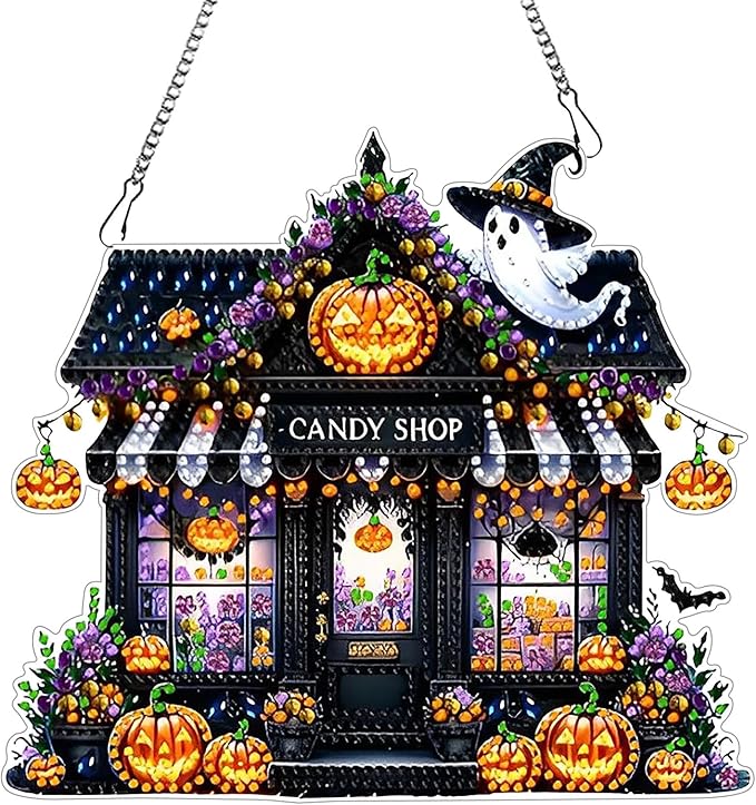 DIYDeligths DIY Hanging Halloween Pendant Ornament Diamond Art Painting for Adults Beginners with Accessories Single Sided Dot-Drill Pendant for Home Wall Window Garden Decor (Candy Store)