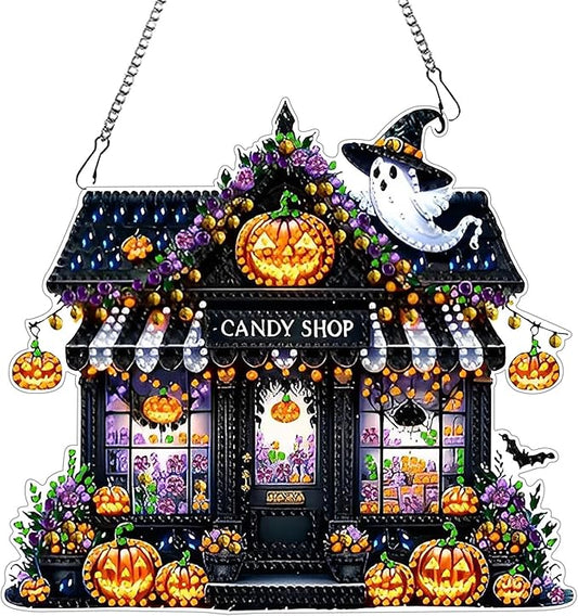 DIYDeligths DIY Hanging Halloween Pendant Ornament Diamond Art Painting for Adults Beginners with Accessories Single Sided Dot-Drill Pendant for Home Wall Window Garden Decor (Candy Store)