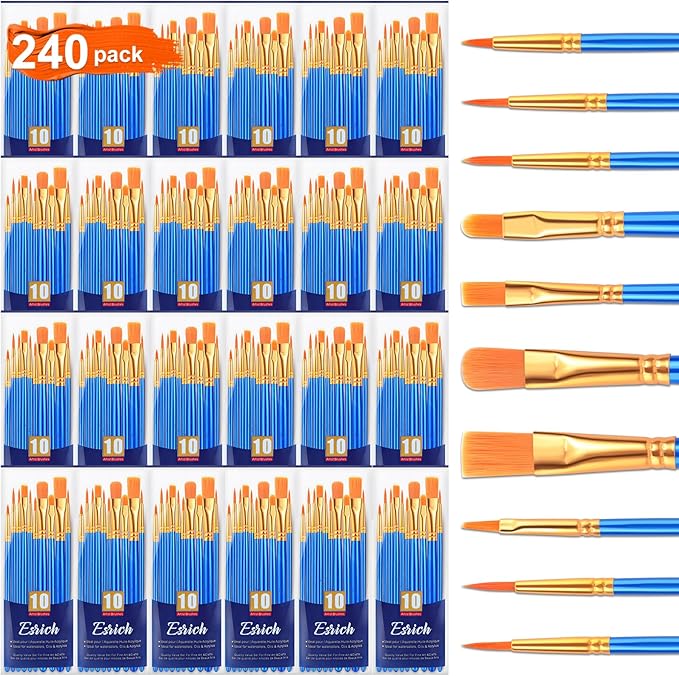 ESRICH Acrylic Paint Brush Set, 24Pack/240Pcs Paint Brushes, Nylon Brush Head for Oil Paint Brush Supplies, Kid Adult Watercolor Painting Arts and Craft Paint Brush Kit (Blue)