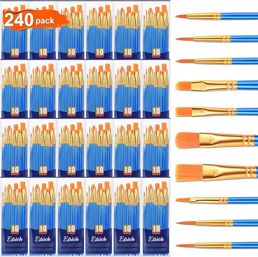ESRICH Acrylic Paint Brush Set, 24Pack/240Pcs Paint Brushes, Nylon Brush Head for Oil Paint Brush Supplies, Kid Adult Watercolor Painting Arts and Craft Paint Brush Kit (Blue)