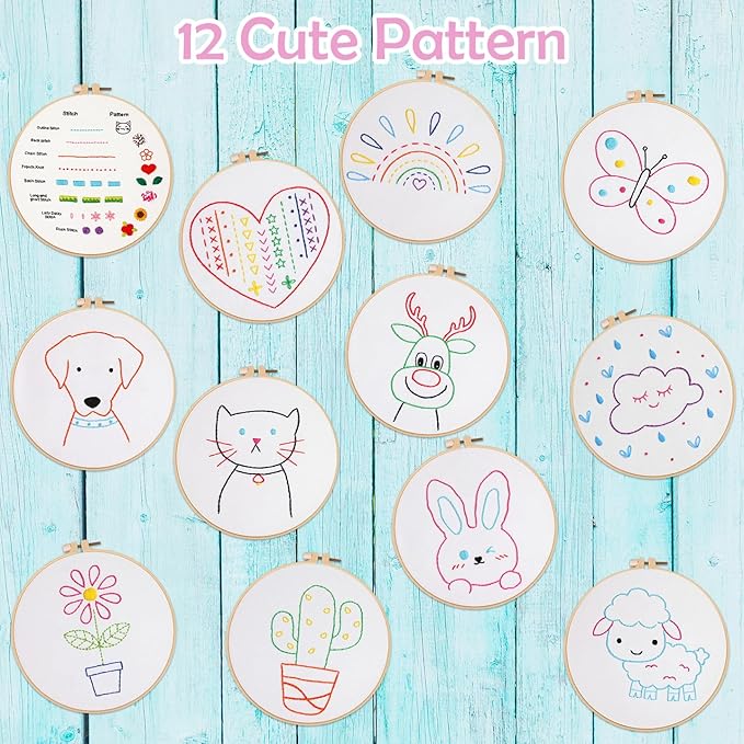 Louise Maelys 12 Pre-Stamped Embroidery Kits for Beginners, Cross Stitch for Kids Girls,DIY Needlepoint Craft Sewing,Practice Kit Supplies,Funny Cute Pattern,Perfect for Ages 8-12