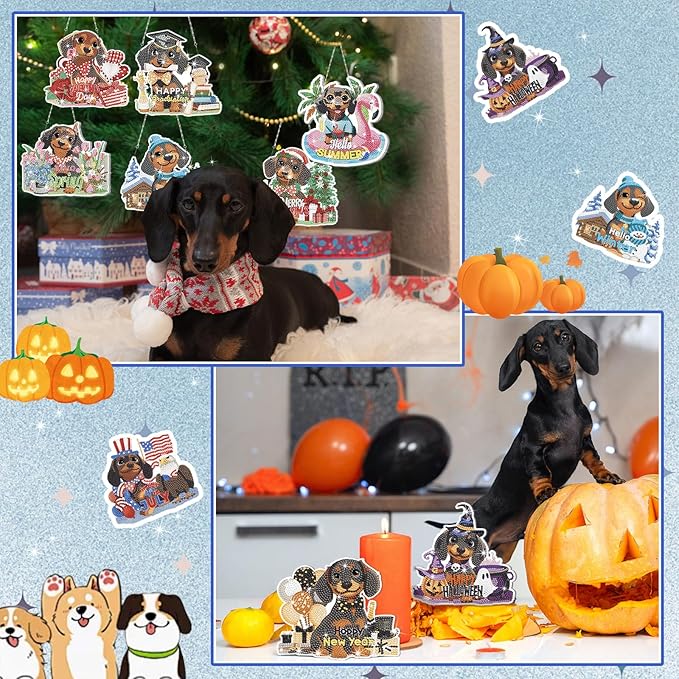 Cinnvoice 12 Pcs Seasonal Diamond Art Wreath Kits Holiday 5d DIY Diamond Art Hanging Signs Winter Spring Ornaments for Wall Door Decoration(Dachshund)