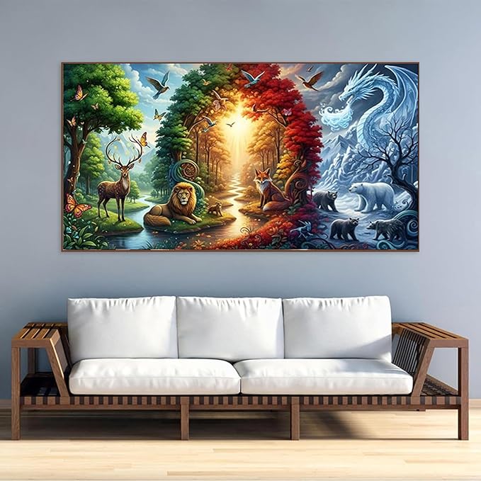 KUFWKEY Four Seasons Landscpae Diamond Art Kits for Adults,Wildlife Diamond Painting Kit,Deer Lion Fox Dragon Nature Scene Diamond Mosiac Kits,Gem Art for Home Decor,Large Size 27.5x15.7 Inch