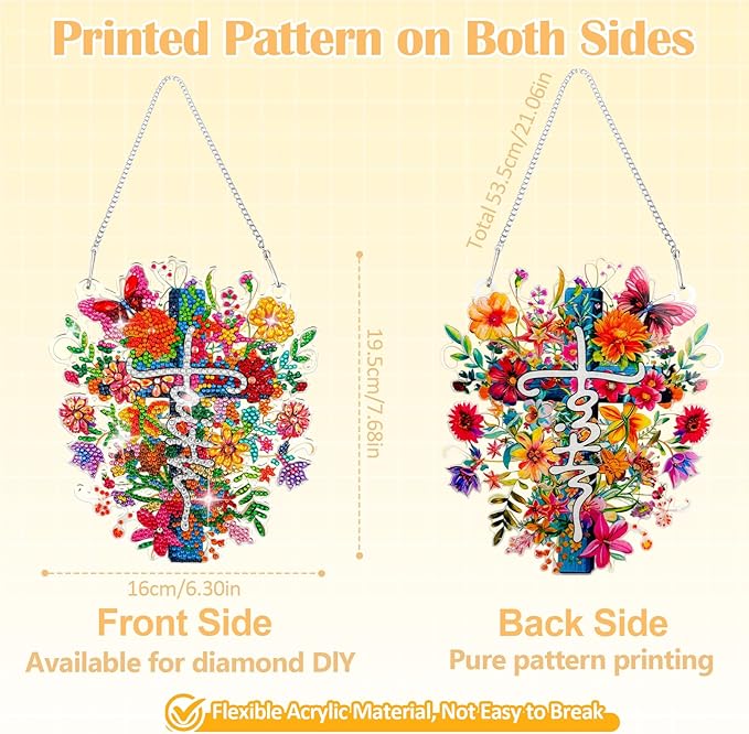 Diamond Art Hanging Kit for Adult, Painting Hanging Ornament Kit, Special Shaped Rhinestone,DIY Acrylic 5D Diamond Art Window Pendants Home Garden Wall Kits Hanging,Double Sided (Latin Cross)