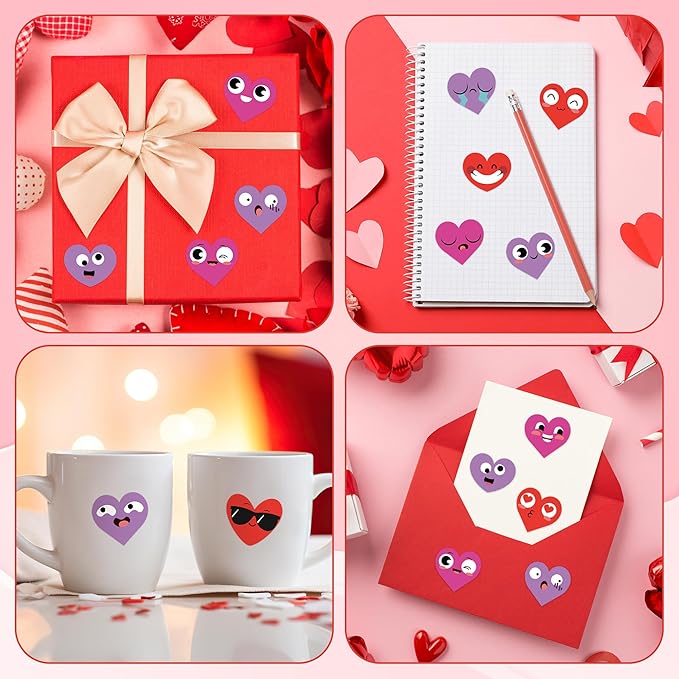 beyumi valentine smile face sticker - 1000pcs valentine's day heart shaped smile face stickers in 2 rolls cute valentine heart waterproof adhesive decal greeting card envelope party gift decor for kid