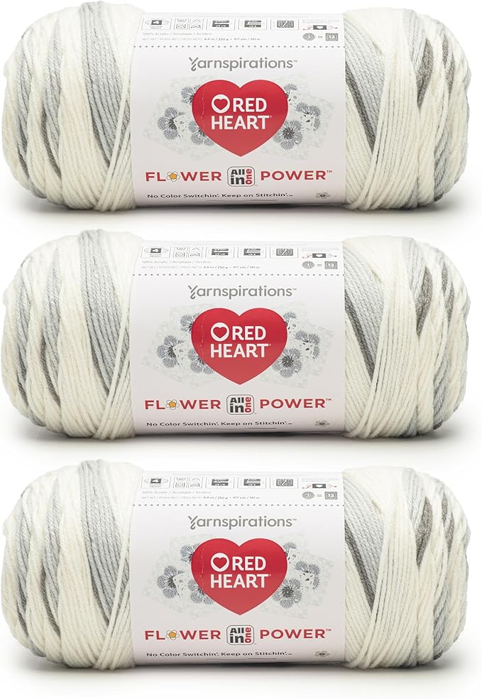 Red Heart All in ONE Flower Power Silver sage Yarn - 3 Pack of 8.8oz/250g - 100% Acrylic - #4 Worsted (Medium) - 440 Yards - Knitting/Crochet