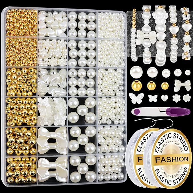1206 Pcs Pearl Beads for Bracelet Making Kit Gold Spacer Beads for Jewelry Making Pearl Flower Butterfly Bracelet Bead Charms Necklace Earrings DIY Craft for Adult Pearls Heart Bead for Crafting