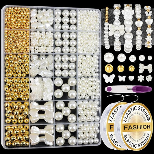 1206 Pcs Pearl Beads for Bracelet Making Kit Gold Spacer Beads for Jewelry Making Pearl Flower Butterfly Bracelet Bead Charms Necklace Earrings DIY Craft for Adult Pearls Heart Bead for Crafting