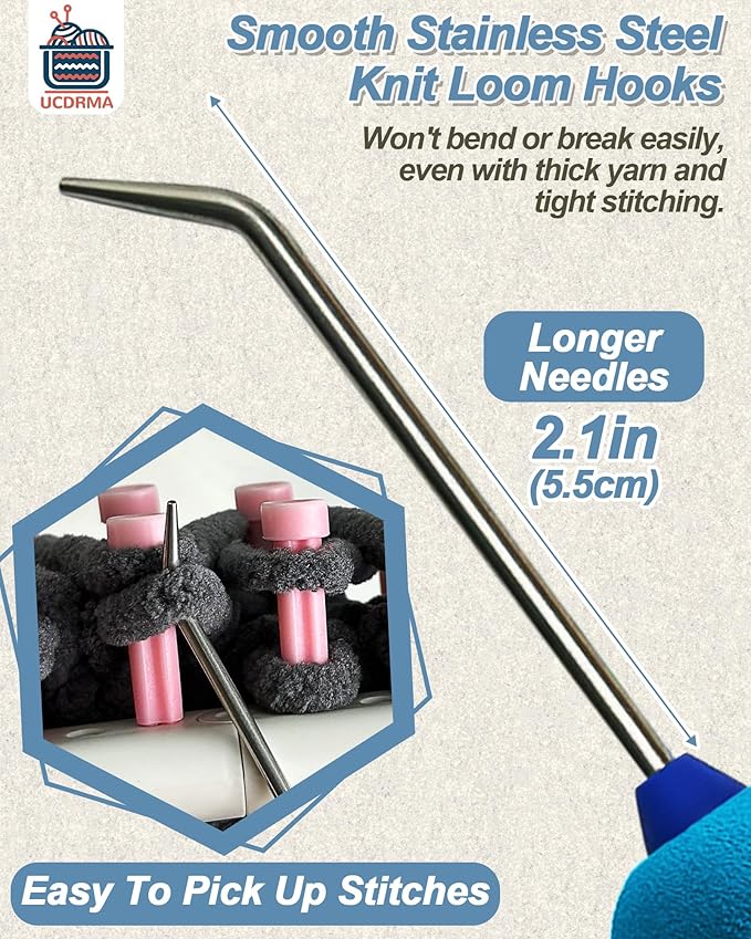 UCDRMA Knitting Loom Hook with Soft Grip, More Comfortable Loom Knitting Hook for Arthritic Hands, 6PCS Longer Loom Crochet Hooks (5.5in) Stainless Steel Yarn Loom Hooks with 12 Sewing Needles (M)