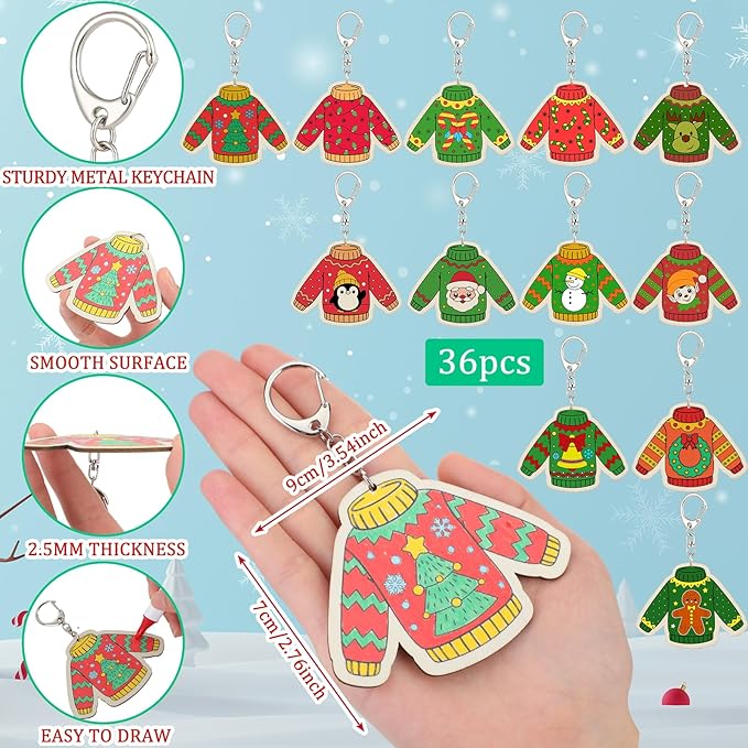 Trnayi 36 Pcs Christmas Ugly Sweater Crafts Unfinished Wooden Keychains Color Your Own Ugly Sweater Ornament DIY Blank Wood Painting Keychains for Adults Key Ring Art Pendant Xmas Tree Decor