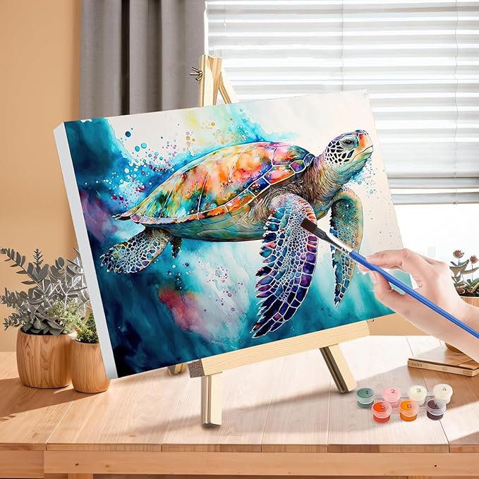 Sea Turtle Paint by Numbers for Adults with Framed Canvas-with Wooden Easel,Turtle Paint by Number on Canvas,DIY Acrylic Oil Painting Kits with Brushes Nice Gift Box for Home Wall Decor(12x16inch)