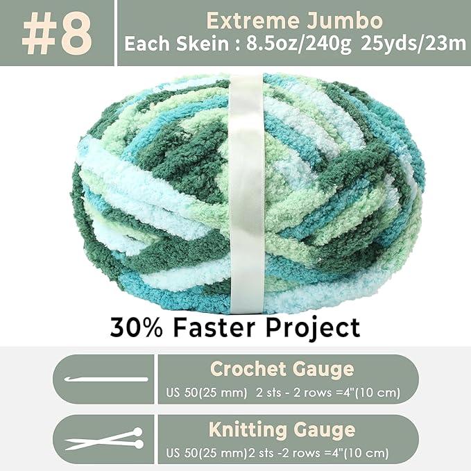 Chunky Chenille Yarn for Hand Knitting 8 Jumbo Pack Chunky Yarn for Hand Soft Blanket Knitting, Bulky Thick Fluffy Yarn for Crocheting (Sea of Clouds)