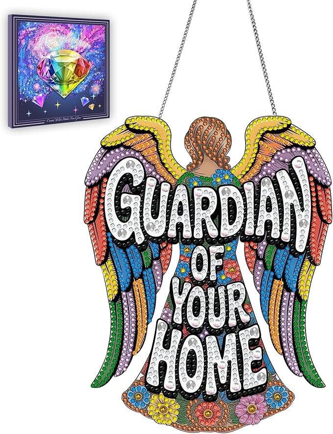 Ginfonr Diamond Painting Kits Hanging Pendant, Angel Diamond Art Kits for Adults, Special Shaped Rhinestone Guardian Diamond Art, Double Sided Hanging Kits for Garden Wall Window 8 x 8 inch