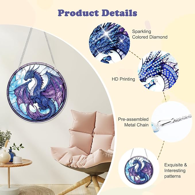 HEIBAGO Dragon Hanging Diamond Art Kits for Adults, Special Shaped Crystal Diamond Painting Ornament Kit, Stained Glass DIY Double-Sided Pattern Gem Art Kit for Home Wall Decor 8.3x8.3inch