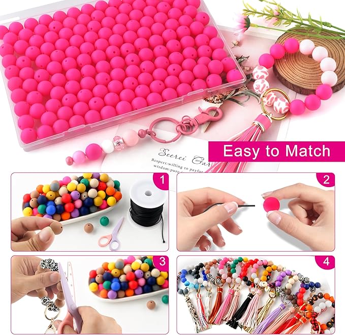 150Pcs 15mm Silicone Beads for Keychain Making Bracelet Necklace, Bulk Round Silicone Beads for Pens（Hot Pink）