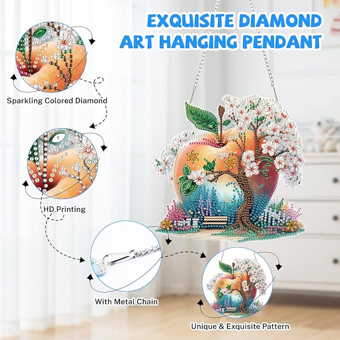 Bowetile Cherry Blossoms Diamond Art Hanging Kits for Adults, Diamond Art Suncatchers Apple, 5D Special Shape Diamond Painting Pendant Window Ornament Gifts for Home Wall Door Garden Decor