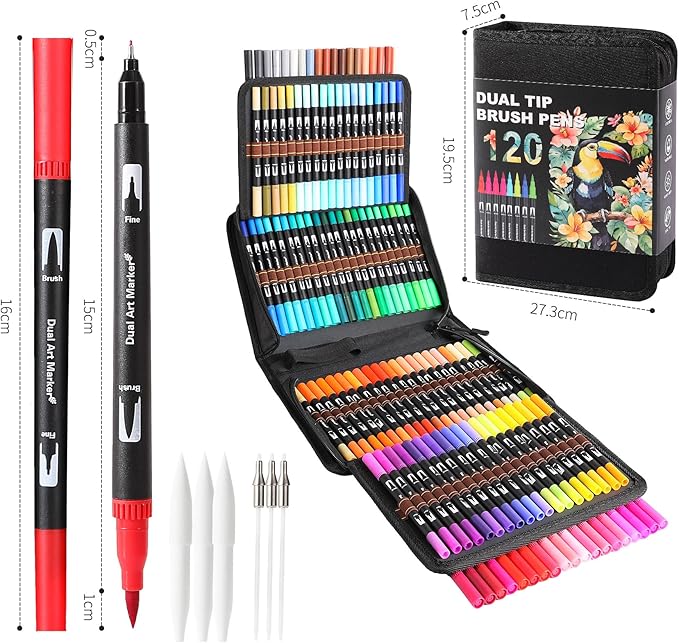 Dual Tip Markers, Brush Art Markers Set with Fine Tip and Brush Tip for Adult Coloring Book, Hand Lettering, Calligraphy & Drawing, Professional Art Supplies Kit for Adults (120 Colors)