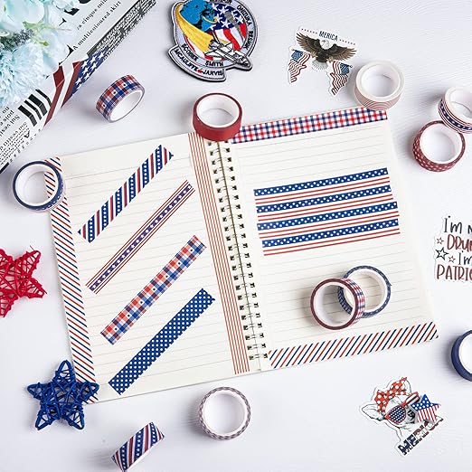Whaline 12 Rolls 4th of July Washi Tape Patriotic Stars Stripes Washi Masking Tape Red Blue White Plaids Decorative Paper Stickers for Independence Day Scrapbook Gift Wrapping DIY Art Crafts