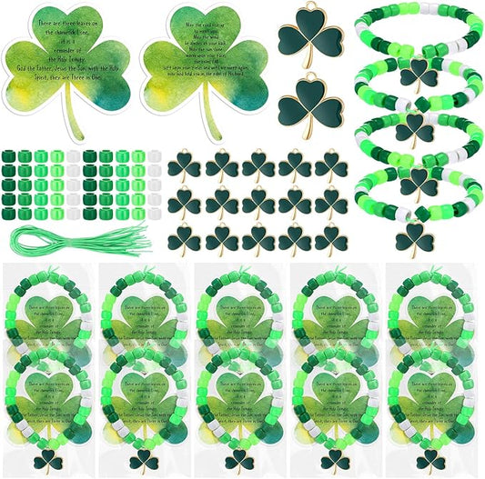 VioraWhite 20 Christian St. Patrick's Day Beads Bracelet Crafts for Jewelry Making Irish Bead Kit DIY Lucky Shamrock Charms Holy Trinity Irish Blessing Gift Card for Church Religious