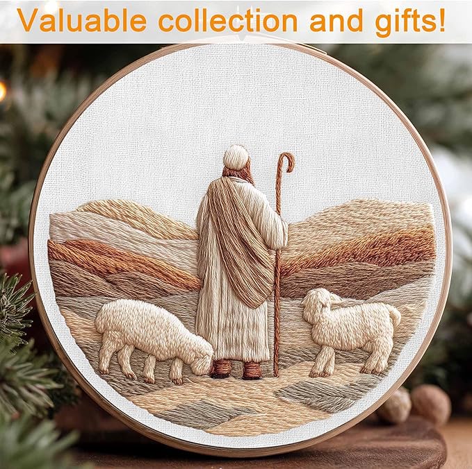REEWISLY 4set Christmas Embroidery Kit for Adults Beginners, 4 Nativity Patterns with 2 Hoops, Cross Stitch Kits for Beginners, Embroidery Starter Kit with Floss & Needles