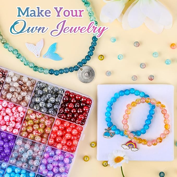 XSEINO About 1200+ PCS 6mm Ink Style Glass Beads Bracelet Making Kit, 24 Assorted Ink Colorful Series Crystal Beads for Jewelry Making and DIY Crafts, Friendship Bracelets