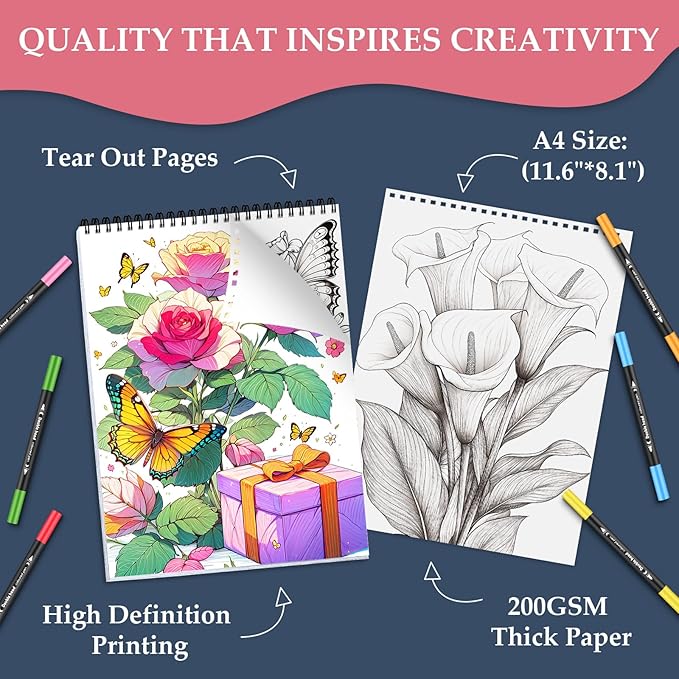 Coloring Book for Adults Relaxation, 24 Pages Adult Coloring Books for Women Stress Relief, Spiral Bound Coloring Books, Relaxing Gift for Women, Single-Sided Print Coloring Book of Fluttering Beauty