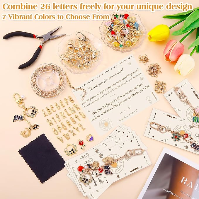 TOHONGADON 285 Pcs Keychain Making Kit, Bag Charm Kit with 92 Charms, 22 Keychain Clips, Key Ring Jewelry Plier, Extender Chain, Letter Beads for DIY Crafting and Jewelry Making