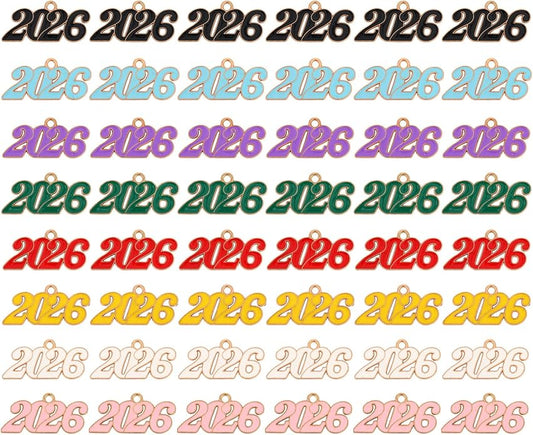 2026 Charms, 8 Colors Zinc Alloy 2026 Year Charms for Crafts New Year Graduation Tassel for Craft DIY Jewelry Making Party Decoration